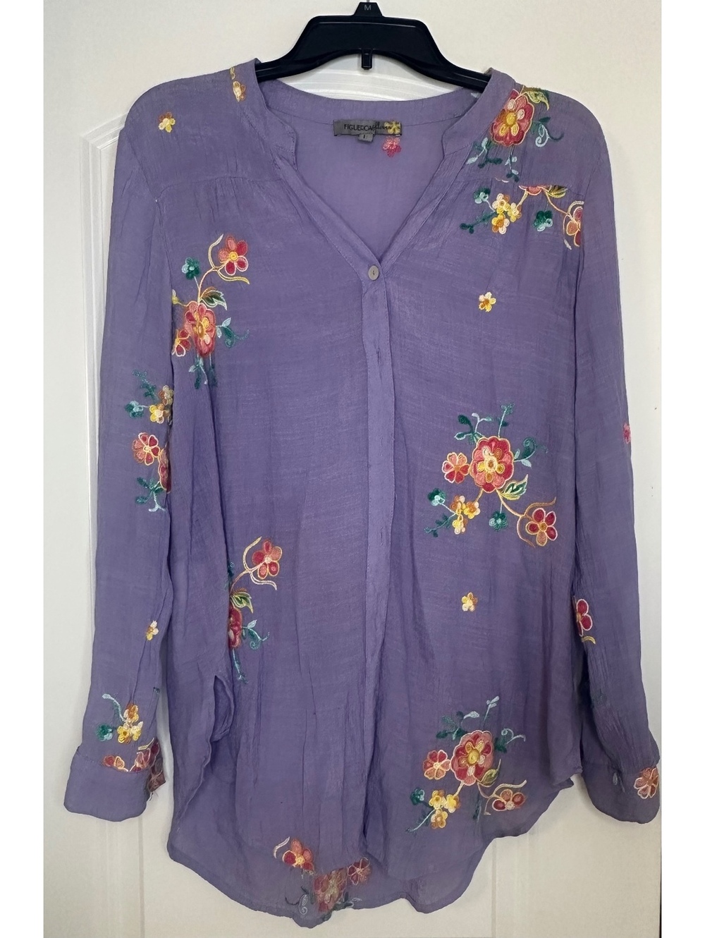 FIGUEROA Floral Embroidered Purple Long Sleeve Blouse Size L